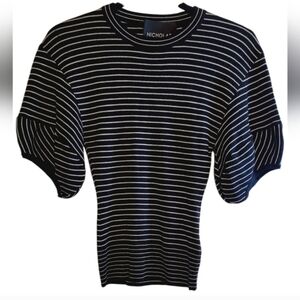 NICHOLAS Navy and White Striped Puff Sleeve Knit Stretchy Top